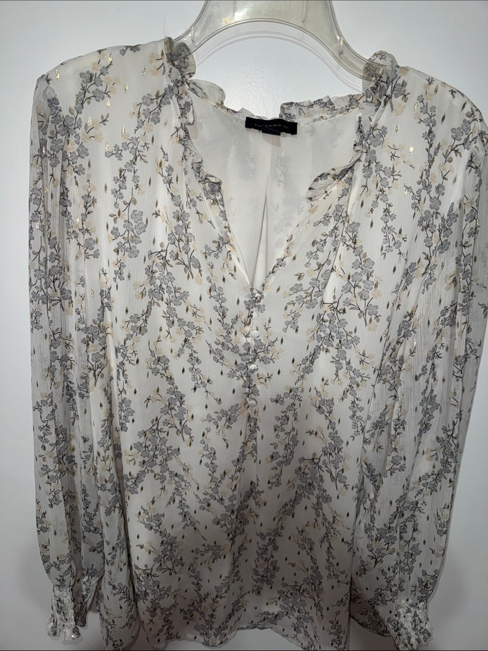 Lightweight Sheer Floral Blouse in Ivory and Gray with Gold Accents